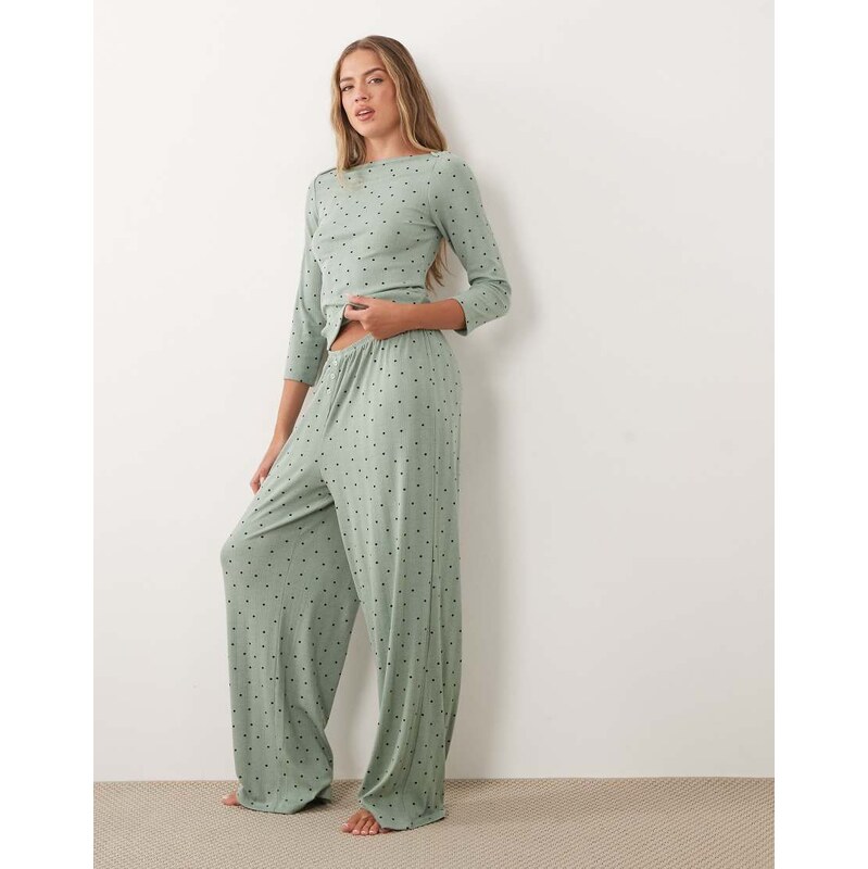 ASOS DESIGN mix & match pointelle pyjama trousers in green polka