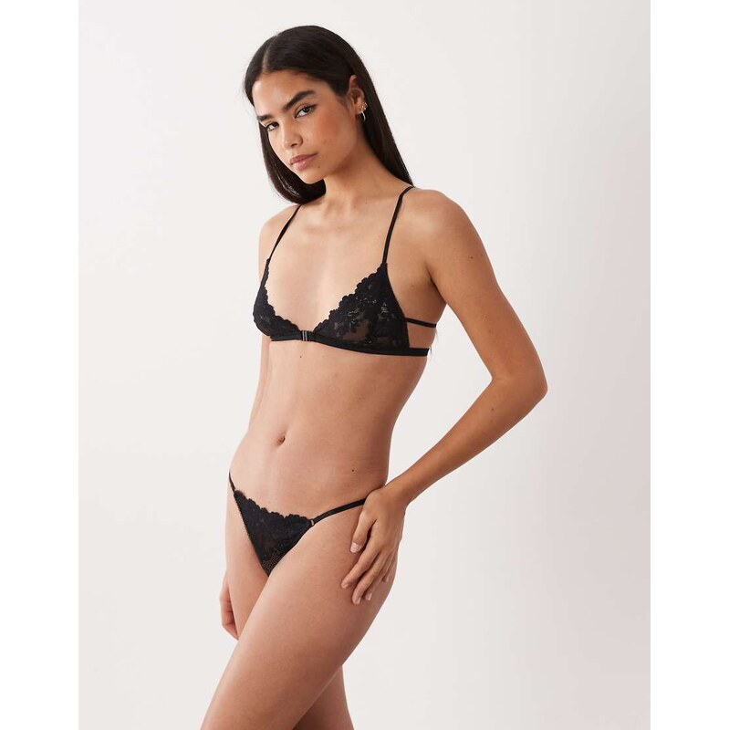 ASOS DESIGN Ruby lace tanga thong with hardware in black