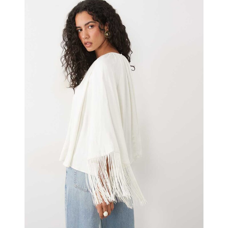 ASOS DESIGN aline satin top with fringe trim in ecru-White