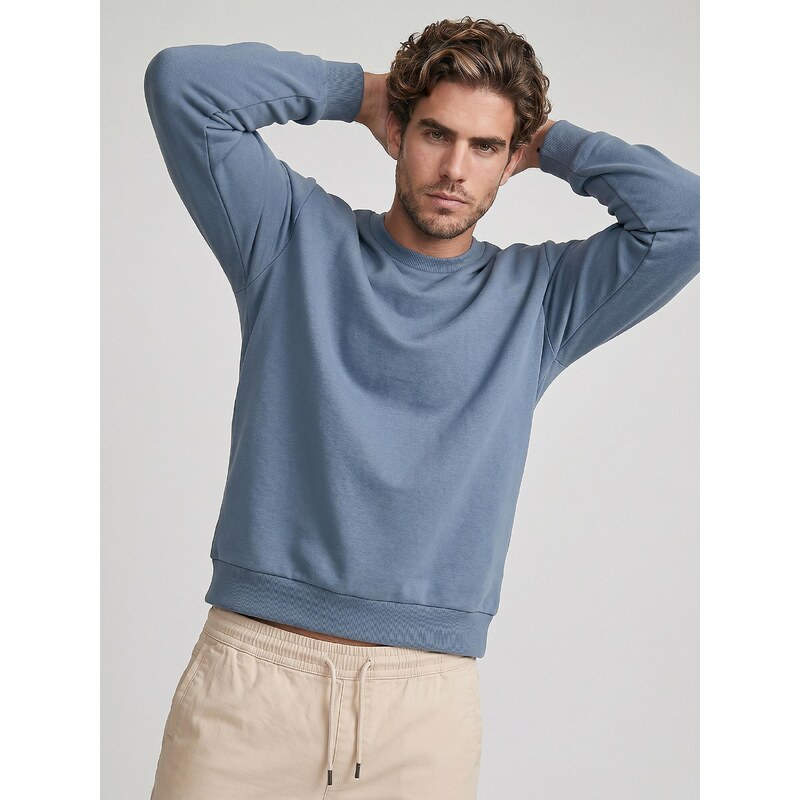 Sinsay - Basic crewneck mikina s příměsí bavlny - modrá