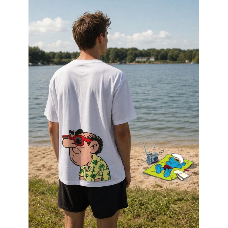 Smerfy Pánské oversized tričko bílé Šmoulové Gargamel Holiday
