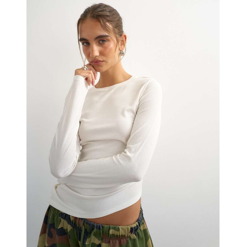Topshop premium rib ruched asymmetric hem long sleeve top in