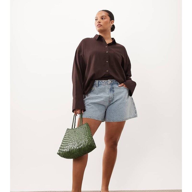 ASOS DESIGN Curve sheer beach shirt with linen in chocolate