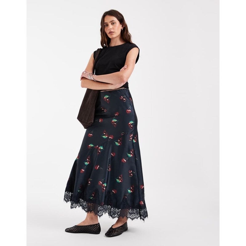 ASOS DESIGN satin fishtail maxi skirt in cherry print-Multi