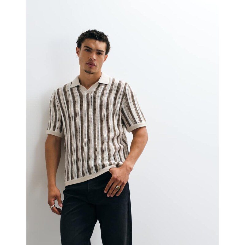 ONLY & SONS relaxed fit crochet knitted polo in cream stripe