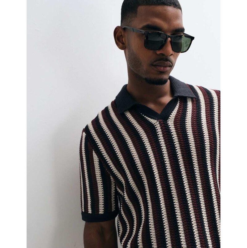ONLY & SONS relaxed fit crochet knitted polo in brown stripe