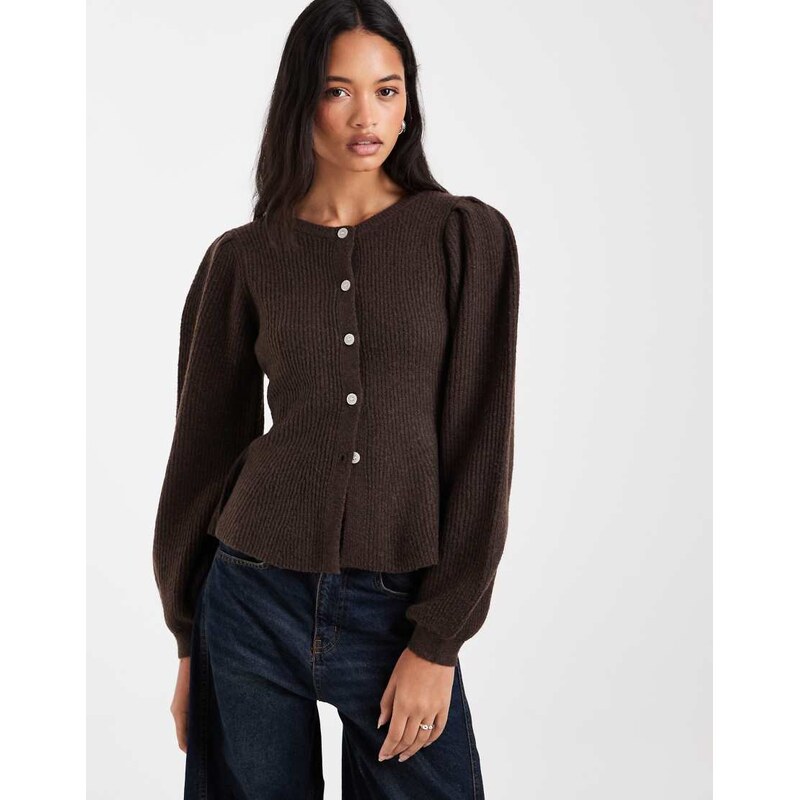 Pieces waist detail soft rib knitted cardigan in brown