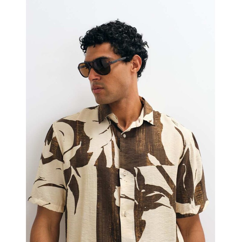Mango short sleeve shirt in brown floral print-Multi