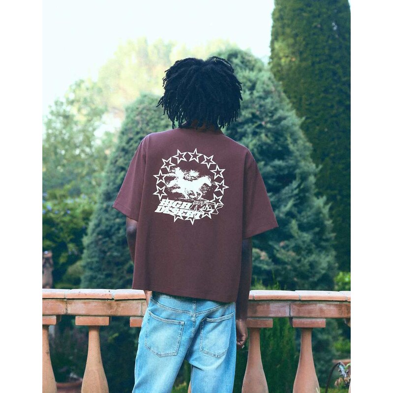 Bershka Short sleeve boxy print shirt in burgundy-Red