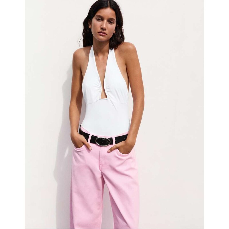 Pull&Bear Gathered halter bodysuit in white