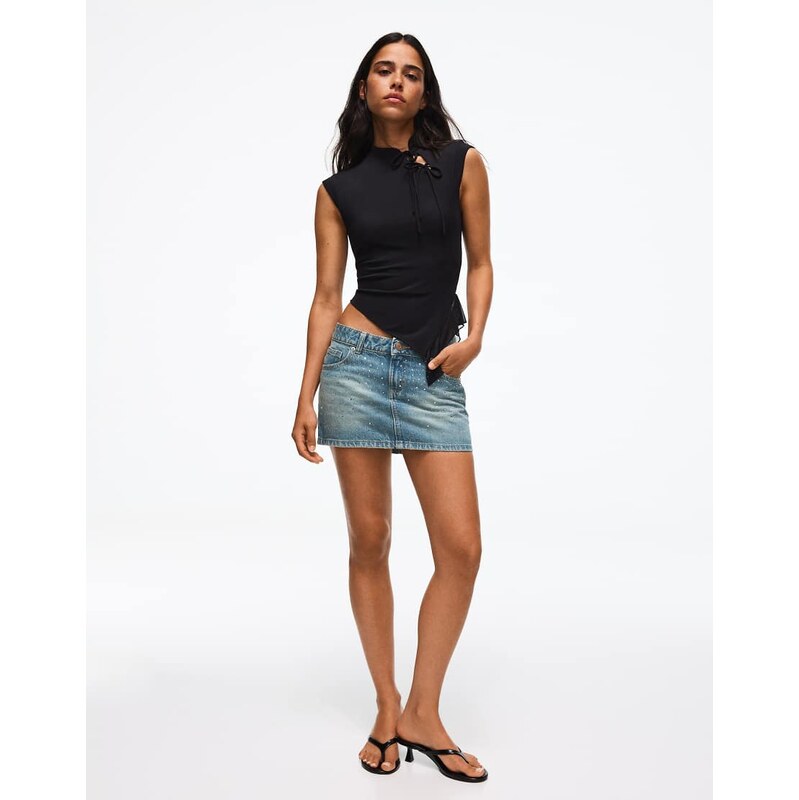 Bershka Rhinestone denim skirt in blue