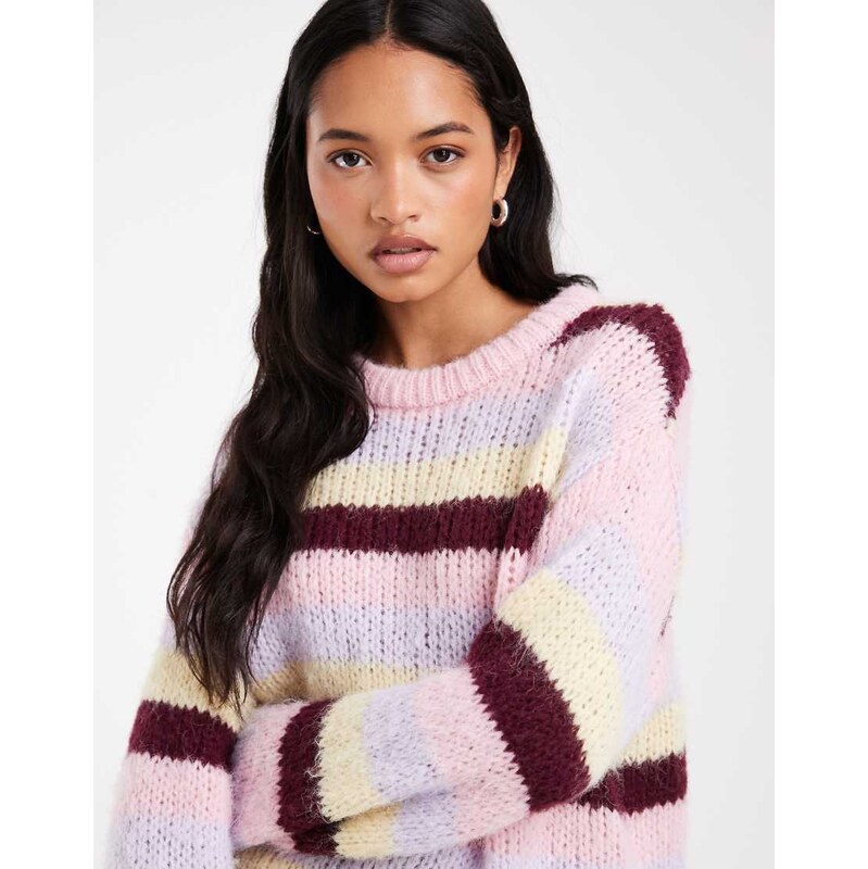 Pieces chunky knitted jumper in pink and burgundy stripe