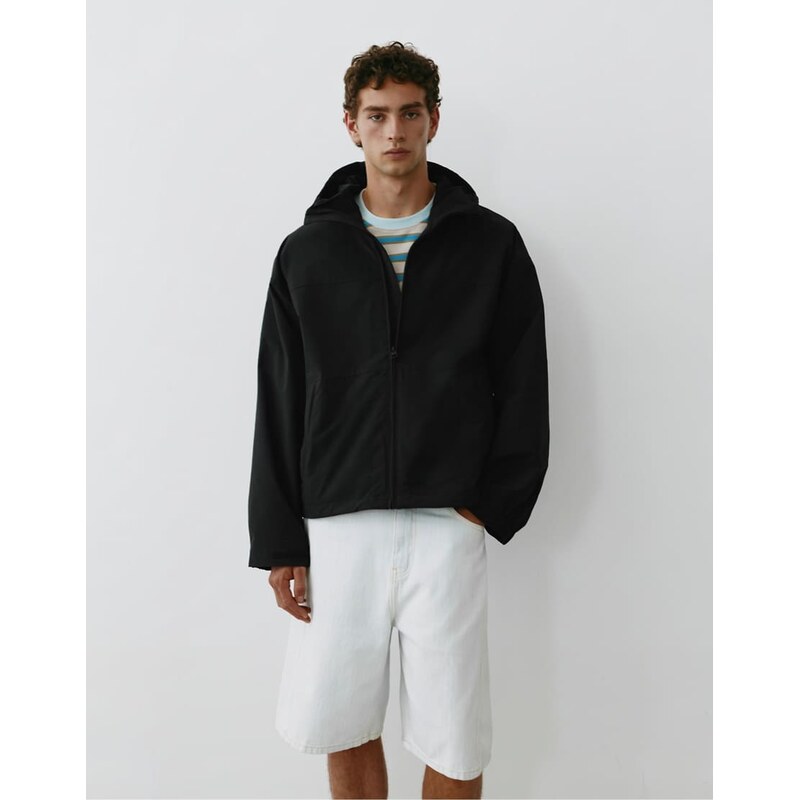 Pull&Bear Lightweight hooded raincoat in black