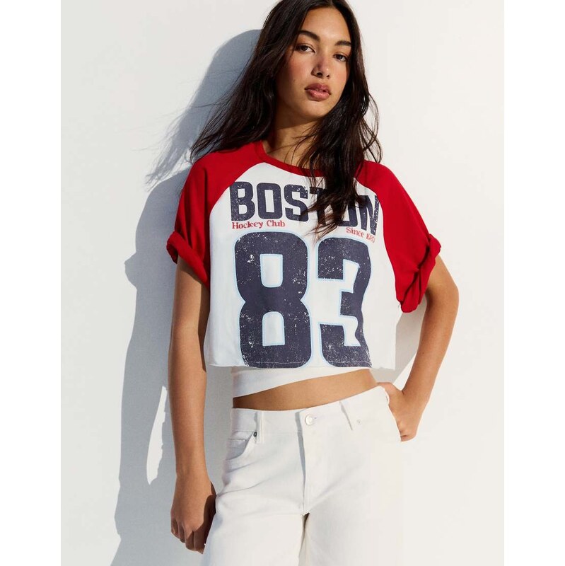 Bershka Short sleeve raglan print t-shirt in white