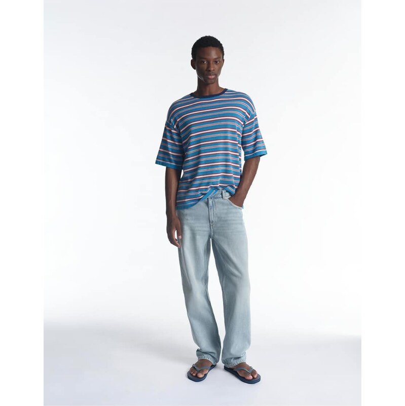 Pull&Bear Striped knit t-shirt in pale blue