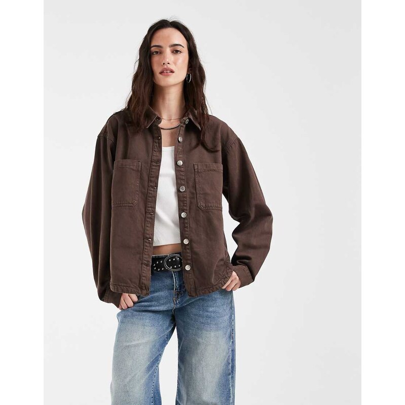 Noisy May denim shacket in chocolate-Brown