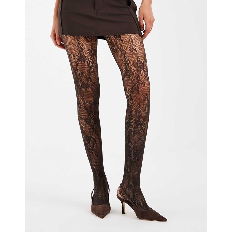 Vero Moda lace detail tights in chocolate brown