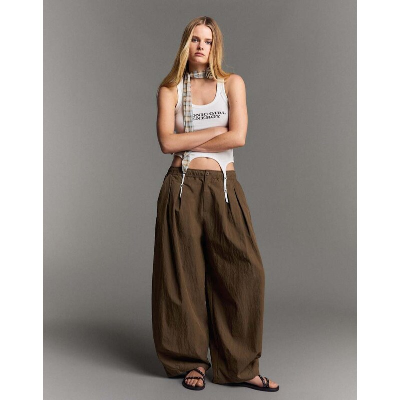 Bershka Technical cropped volume trousers in brown