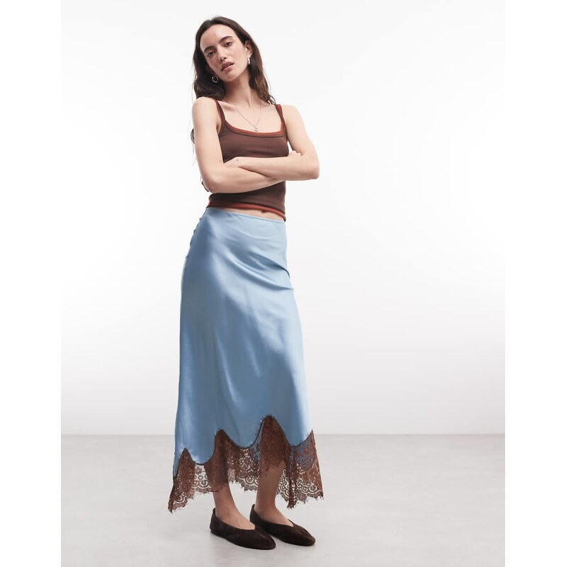 Reclaimed Vintage asymmetric skirt with lace in blue and brown