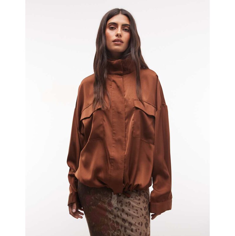 ASOS DESIGN satin windbreaker co-ord in chocolate-Brown
