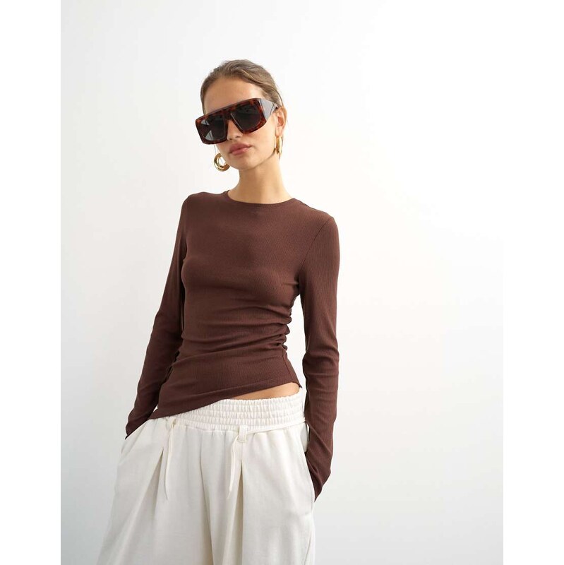 Topshop premium rib ruched asymmetric hem long sleeve top in