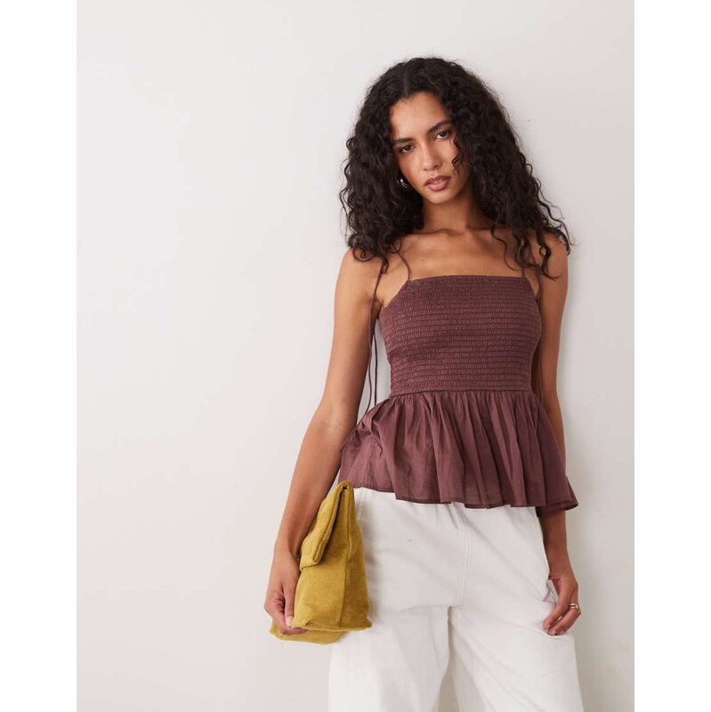 ASOS DESIGN shirred detail peplum cami in burgundy