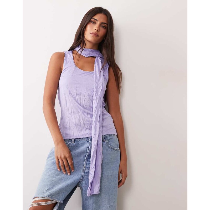 ASOS DESIGN crinkle scarf neck tank top in lilac-Green