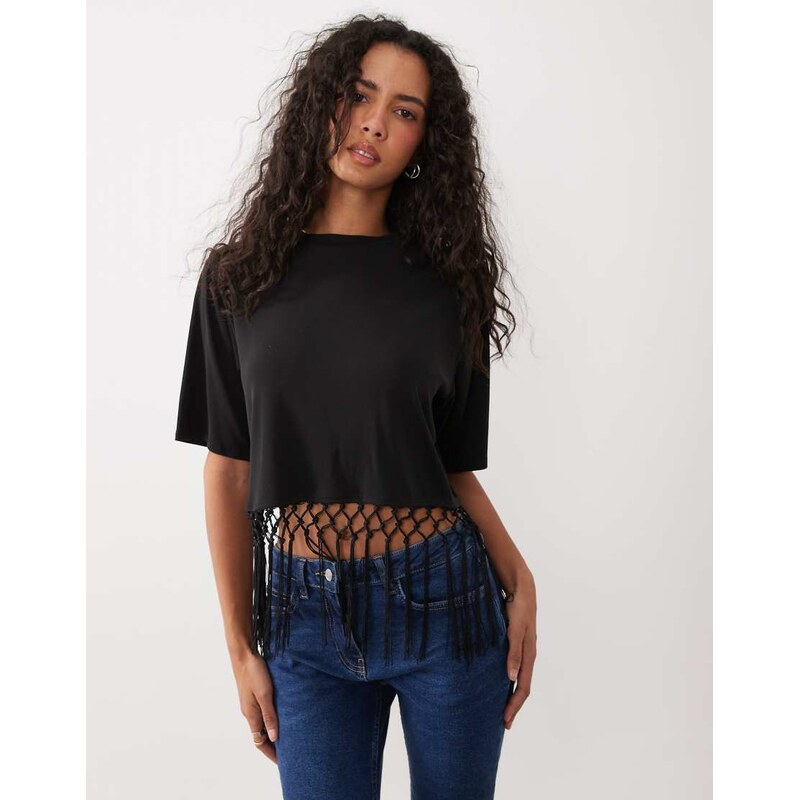 ASOS DESIGN premium short sleeve crop top with lattice fringing