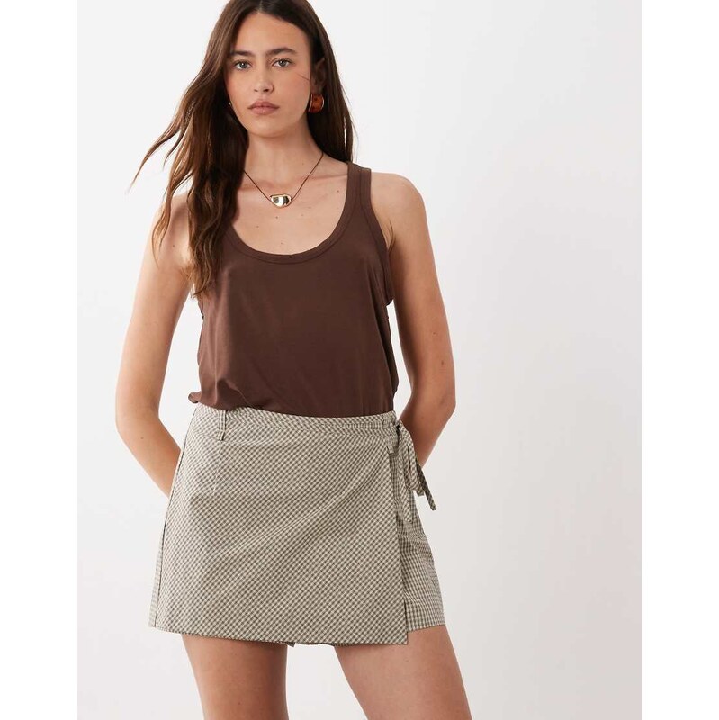 Mango tie waist mini skort in beige with brown check print
