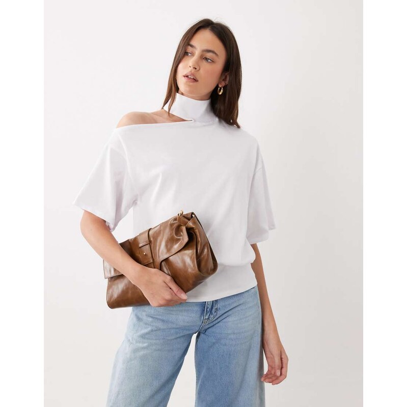ASOS DESIGN Funnel neck cut out shoulder top in white