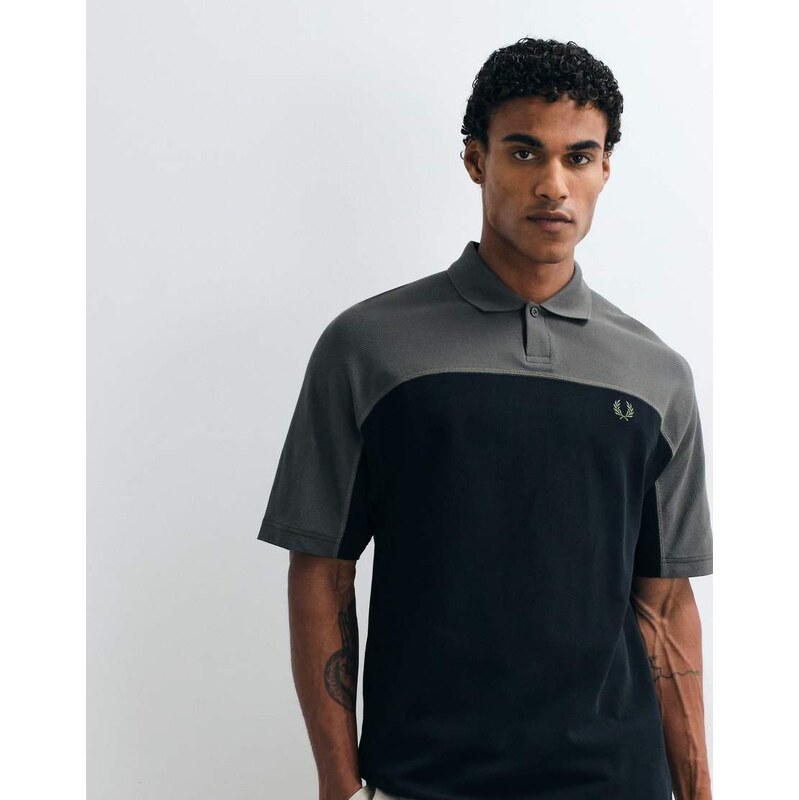 Fred Perry colour block polo shirt in black and khaki-Multi