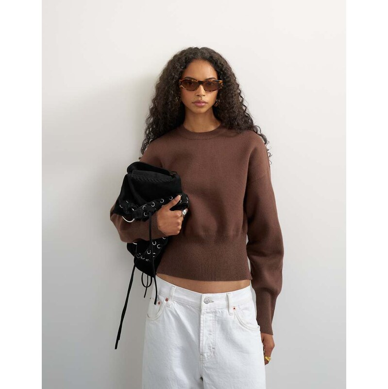 Topshop knitted clean cinch waist jumper in chocolate-Brown