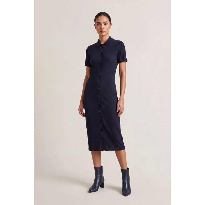 ŠATY GANT SLIM RIBBED LS JERSEY POLO DRESS EVENING BLUE