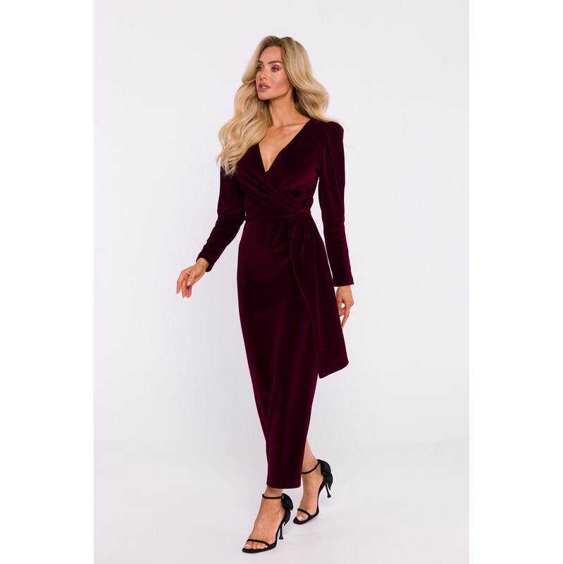 Made Of Emotion Womans Velvet deep V-neck maxi gown - maroon