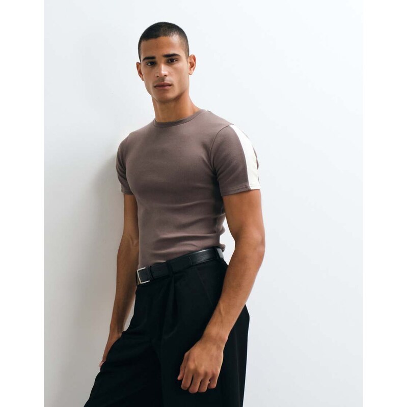 ASOS DESIGN muscle fit ringer t-shirt in brown and cream rib
