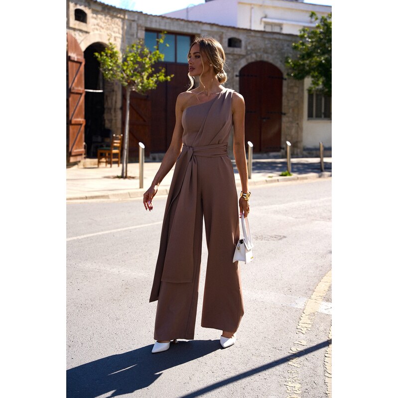 Made Of Emotion Womans One shoulder jumpsuit with a sash - mocca