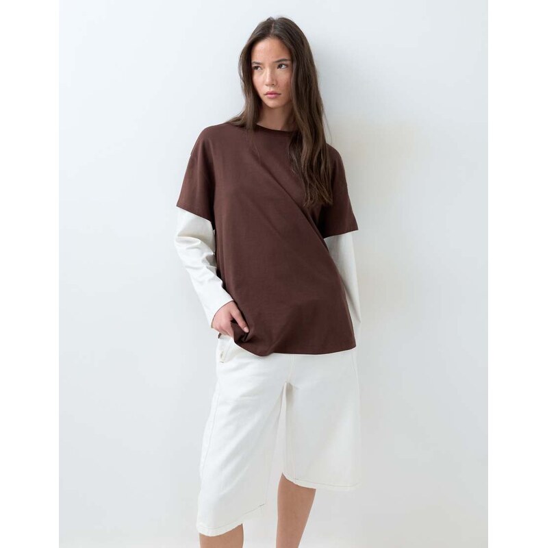 ASOS DESIGN oversized double layer t-shirt in choc & cream-Multi