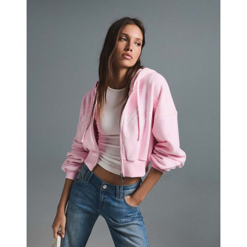 Bershka Printed zip-up hoodie in light pink