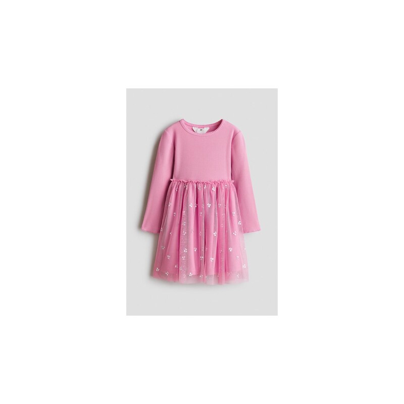 H&M - Šatys dlouhým rukávem a tylovou sukní - Pink/Cherries
