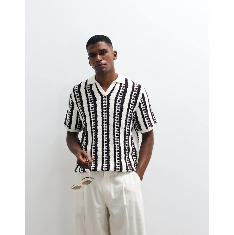 ASOS DESIGN knitted oversized textured stripe notch neck in ecru