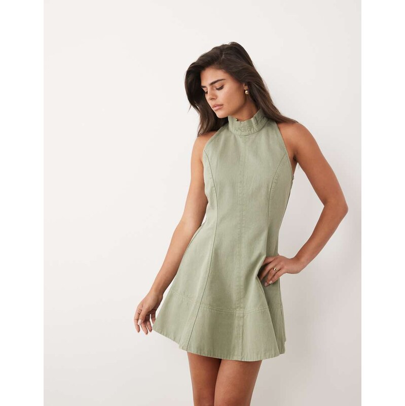 ASOS DESIGN heavy twill funnel neck seamed mini dress in washed