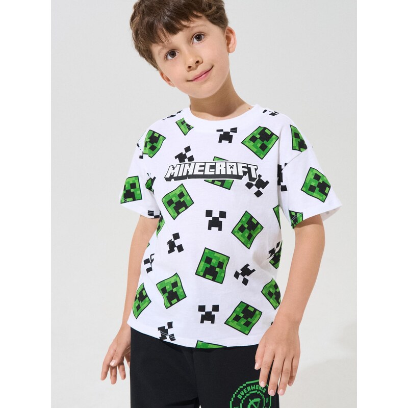 Sinsay - Bavlněné loose tričko s potiskem Minecraft - bílá