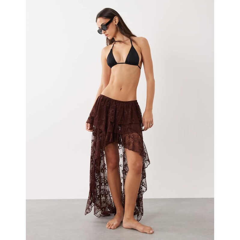 Miss Selfridge beach lace frill high low maxi skirt in chocolate