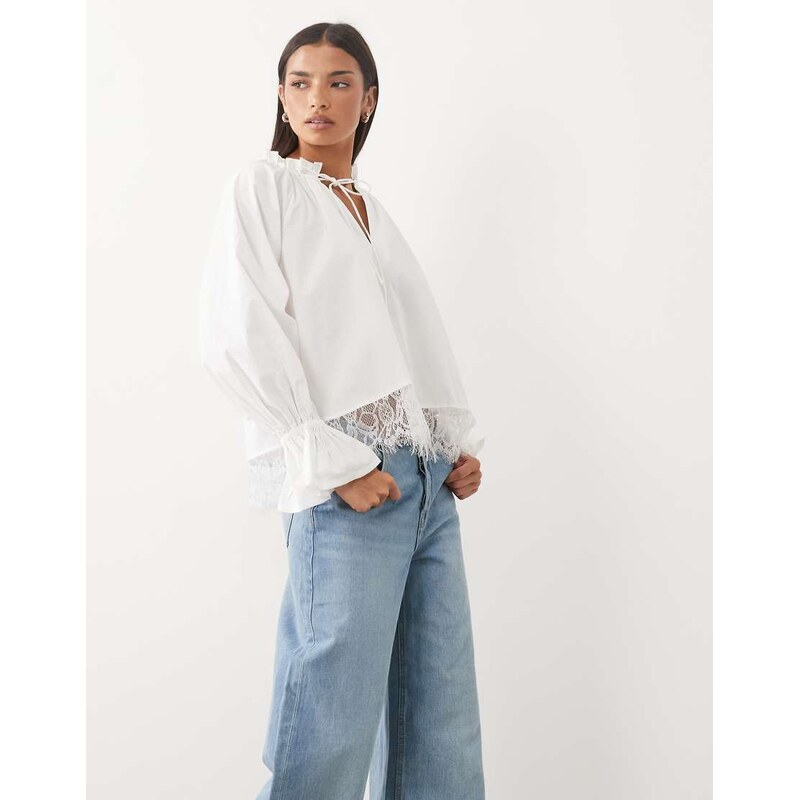 ASOS DESIGN poplin with lace hem top in white