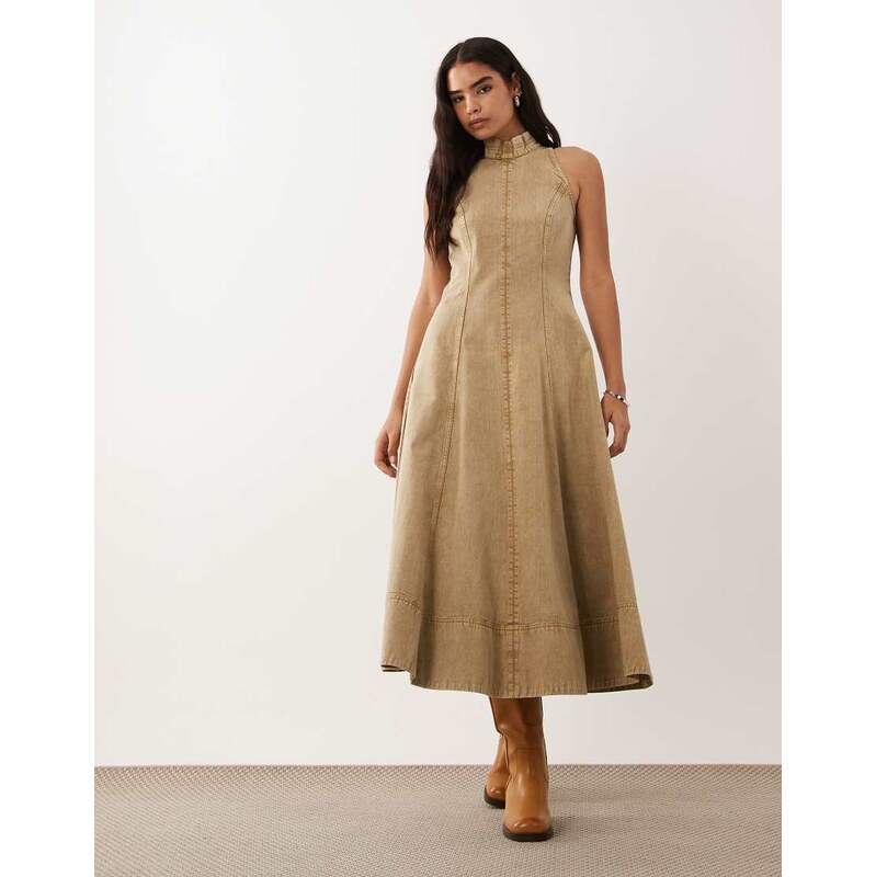 ASOS DESIGN heavy twill funnel neck seamed maxi dress in washed