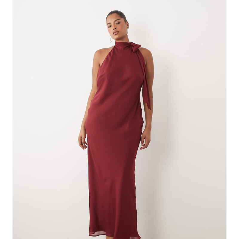 ASOS Curve ASOS DESIGN Curve tie halter neck maxi dress in berry
