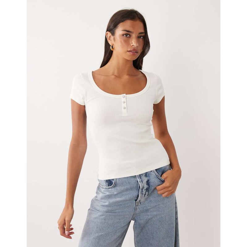 ASOS DESIGN ribbed scoop neck henley baby tee in ivory-White