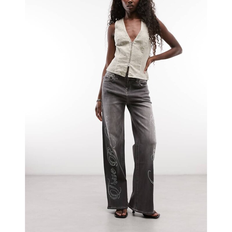 True Religion bobbi flap pocket baggy jeans with crystal logo in