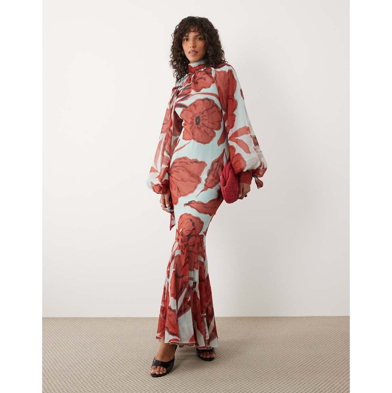 ASOS DESIGN high neck maxi dress with godet hem in red floral