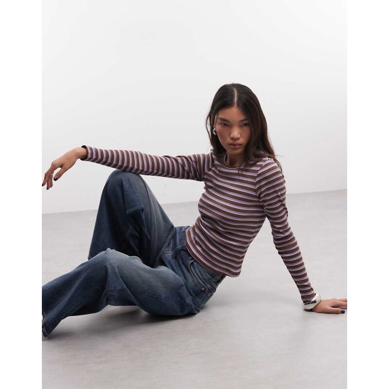 Monki ribbed long sleeve top in dark brown stripe